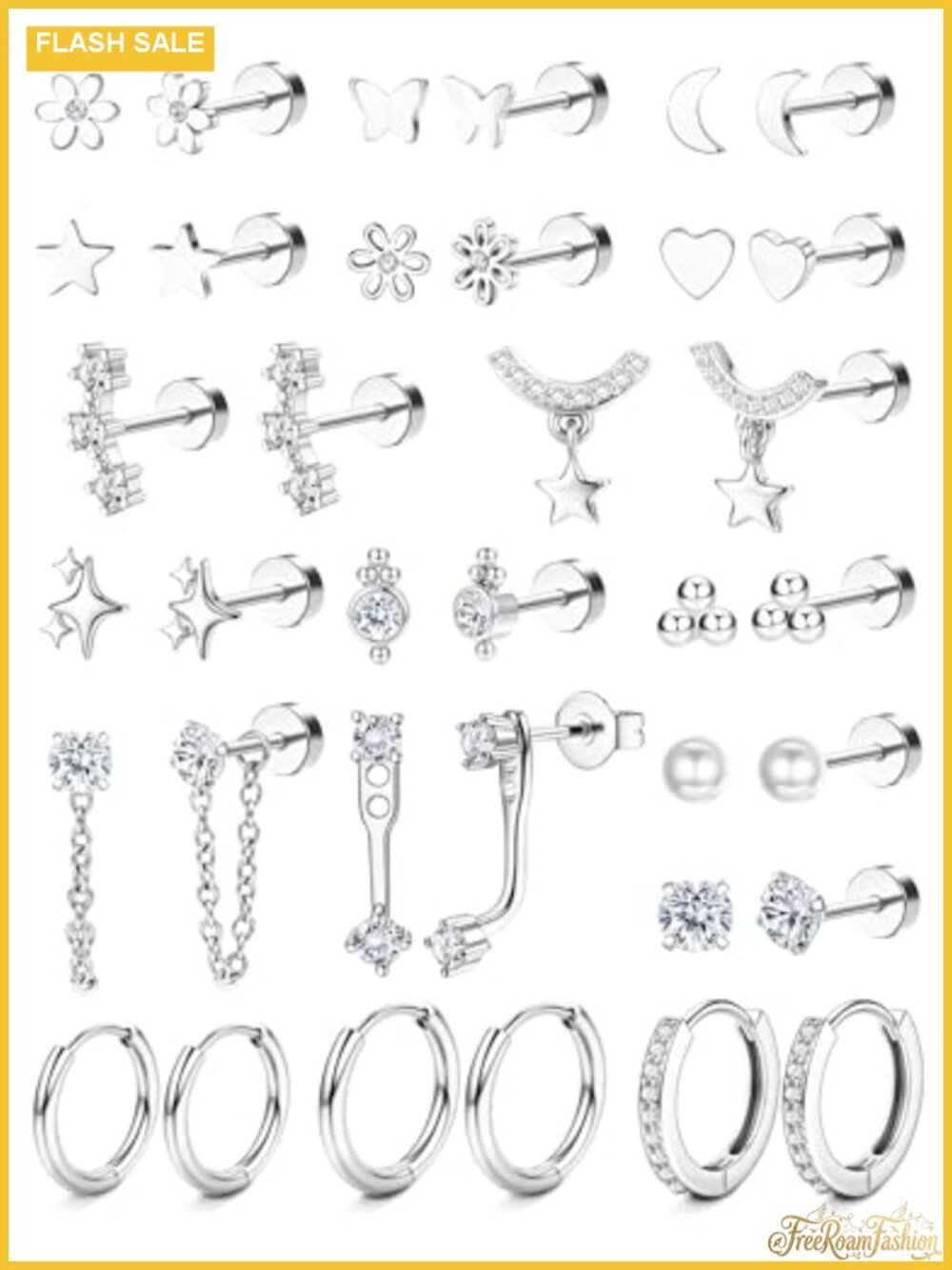 18 Pairs Hypoallergenic Stainless Steel Flat Back Stud Earrings Set